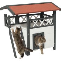 Caseta para Gatos de 2 Niveles 77x50x73 cm Refugio para Gatos con Techo Asfáltico Escalera y Balcón para Exterior Blanco