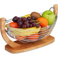 Relaxdays Corbeille à fruits Hamac bambou, barres inox, Balançoire, design grille déco,18,5 x 38 x 23 cm, nature/argent