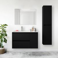 Mueble de baño suspendido en madera negro satinado 85 cm con lavabo incorporado - Nova - Con columna espejo y lámpara LED