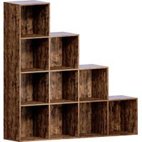 Durham 10 Cube Bookcase Staircase Shelf Wooden Display Storage Rack Free Standing Shelf Unit, Dark-Wood-5-Grey-Baskets