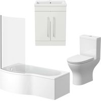 Bathroom Suite Vanity Unit Basin P Shape Bath With Curved Pan Toilet White LH