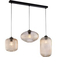 Glamour Binario in ferro laccato nero con cavi elettrici regolabili e diffusori in vetro soffiato ambra con dec. rigatura in rilievo 3 luci