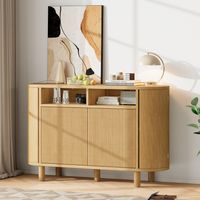 Aparador de MDF color natural 120 x 38 x 77 cm con doble puerta, compartimento abierto, estantes regulables y patas ajustables