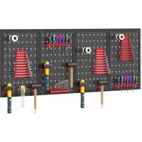 Set 4 Pannelli Porta Attrezzi da Parete in Acciaio 38pz, con 12 Supporti e 22 Ganci, Nero e Rosso