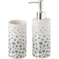 Set Accessori Bagno 2Pz Ceramica Dispenser Sapone Porta bicchieri Stelle Grigio