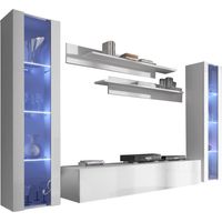 Mueble de salón con LED Composición de salón TV Mueble TV Conjunto de Salón Ancho 280cm Modelo Nora 8 Blanco Acabado en Brillo