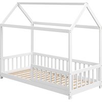 Structure de lit pour enfants en forme de maison avec lattes et clôture, en bois de pin, 96x195x165 cm, blanc
