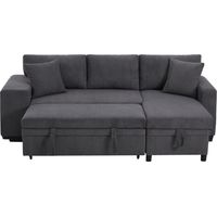 Canapé convertible avec fonction couchage, canapé d’angle convertible en L avec port de charge USB et coussins, canapé convertible 3 places avec tablettes latérales et espace de rangement