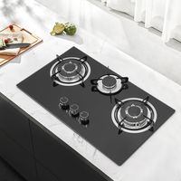 Réchaud à gaz encastrable en verre avec 3 brûleurs - Pour plaques de cuisson LPG/NG - Avec support de casserole, cadre émaillé et tête de four en aluminium - Noir