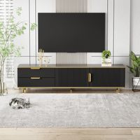 Mueble TV - 175cm - 2 cajones 2 puertas - Carga 50kg - Aglomerado - Color: Textura tallada negra + tiradores y patas dorados