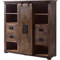 Massivmoebel24 – Armoire en bois de manguier huilé – Style industriel – 11 compartiments et 4 tiroirs – Porte coulissante en fer – Buffet haut
