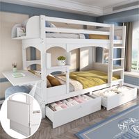 Etagenbett 90×200 cm, Einzelbett mit Klappschreibtisch, Regalen und 2 Schubladen, ohne Matratze, aus Massivholz, Weiß