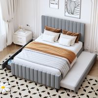 Polsterbett 140 x 190 cm mit Ausziehbett,mit zwei Schubladen ,flaches Doppelbett in hautfreundlichem Samtstoff Kinderbett Jugendbett Gästebett ,Grau (ohne Matratze)