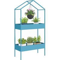 Soporte metálico para plantas de 2 niveles – Forma de casa con gancho – 75 x 35 x 150 cm – Azul verdoso
