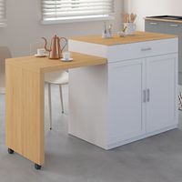 VITO 94-155 cm isla central en madera blanca con mesa de comedor extensible integrada en acabado haya