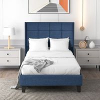 Letto imbottito Letto in tessuto in lino, giroletto con rete a doghe e testiera imbottita, 90x200cm, blu