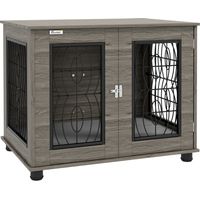 Hundebox mit Liegekissen, bis 20kg/50cm Körperlänge, Metall, 80x56x63cm, Grau/Holzdekor