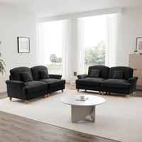 Canapé modulable 2 places convertible en L, chenille noir, jupe amovible et pouf mobile