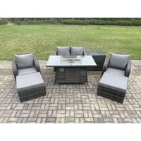 Fimous Rattan Gartenmöbel Set Outdoor Patio Gas Feuerstelle Esstisch und Stühle mit Love Sitz Sofa 2 Fußhocker Beistelltisch