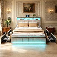 Doppelbett 180 x 200 cm mit 4 Schubladen, gepolstertes Bett mit LED-Beleuchtung, Stauraum im Kopfteil mit USB- und USB-C-Anschlüssen, Bett für Erwachsene und Jugendliche mit Leinenbezug.