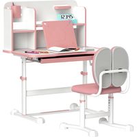 Set Scrivania e Sedia per Bambini Regolabili, Banco Scuola con Piano Inclinabile, Cassetto, Scaffale, Rosa