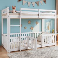 Lit superposé avec escalier droit, lit avec barrières et petite porte, lit bébé avec protection anti-chute et barreaux, bois massif, blanc (200 x 90 cm)