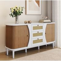 Aparador de MDF y aglomerado blanco y madera, 140,5 cm, 3 cajones de ratán, baldas regulables