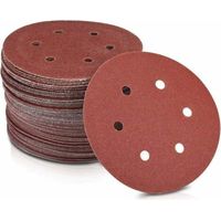 Discos de lija de papel de 125 mm de diámetro, grano 240, 6 agujeros, color rojo. Papel de lija para lijadoras de paneles de yeso y lijadoras de cuello largo. Paquete de 50 discos.