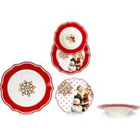 Servizio di Piatti natalizio per 6 Persone 18 pezzi in porcellana bordi smerlati decorazioni babbo natale pupazzo di neve rosso per una tavola particolare ed elegante idea regalo
