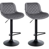 Lot de 2 tabourets de bar repose-pieds hauteur réglable en velours gris foncé coutures losange cadre métal noir 100006336