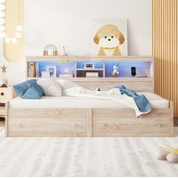 Sofá cama 90/200 cm natural de aglomerado y MDF con USB, iluminación ambiente y cajones