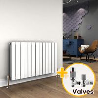 ELEGANT 600 x 988 mm White Horizontal Radiator Column Designer Radiator Heater Double Flat Panel + Chrome Thermostatic Radiator Valves