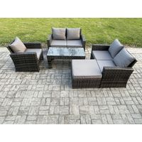 Fimous 5pcs Rattan Outdoor Garden Furniture Sofa Set with Coffee Table Big Footstool Dark Grey Mixed
