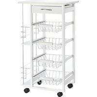 Carrello da cucina salvaspazio bianco legno con piano lavoro, cassetto e 4 cestelli metallici 47x37x83cm