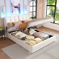 Bett 160 x 200 cm – Bettkasten 160 x 200 – Doppelbett mit quadratischem Kopfteil, LED-Beleuchtung in 7 Farben und Lattenrost – Beigefarbener Samt