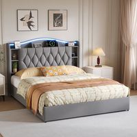 Lit 140x190 cm, Lit coffre 140x190 cm, Structure de lit double 140x190 cm, LED, Lit 2 personnes, Sommier inclus, Tissu velours, Gris