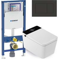 Mizubath - Set WC giapponese sospeso Isla nero - Risciacquo ad acqua - Asciugatura ad aria - Modulo Geberit Duofix 12 cm - Placca comando doppio nero