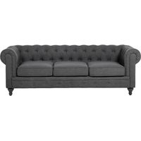 Canapé 3 Places en Tissu Gris Assise Rembourrée Large Dossier Points Chesterfield