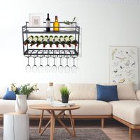 3 Layers Wall Mounted Wine Bottle Stemware Glass Rack, Rustic Metal Wall Mount Shelf Metal Wine Rack Metal Bottle & Glass Holder Elegant Storage for Kitchen, Dining Room, Bar or Wine Cellar Black