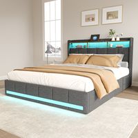 Lit 140x190 cm - lit double 140x190 cm - cadre de lit adulte 140x190 cm - 4 tiroir - LED ET USB - tissu en lin - gris
