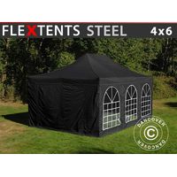 Faltzelt FleXtents Steel 4x6m Schwarz, mit 4 Seitenwänden