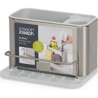 Surface™, Joseph Joseph, modèle Egouttoir à couverts en acier inoxydable, range-couverts, utilisation principale en cuisine, caractéristiques divisées, siphon et base antidérapante, couleur grise.