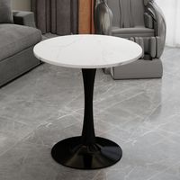 Table basse noire 27,6 pouces style mid-century, plateau rond imitation marbre veiné blanc, adaptée 2 à 4 personnes pour tous décors