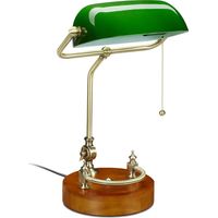 Relaxdays – Lampe de banquier vintage – Abat-jour vert inclinable en verre – Douille E27 – Hauteur 43 cm – Câble 154 cm – Socle en bois décoré