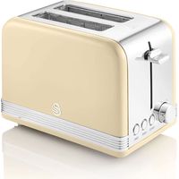 Swan Retro ST19010CNEU Tostapane a Fessura Larga 2 Fette, Design Vintage, 3 Funzioni: Scongelamento, Riscaldamento, Annullamento, 6 Regolatore del livello di Tostatura, Acciaio Inox., Crema, 815W
