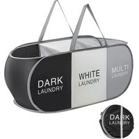 Ce panier à linge pliable à trois compartiments offre une grande capacité de 99 litres et est conçu pour ranger vêtements, jouets, produits de lessive, articles de salle de bain et articles de voyage