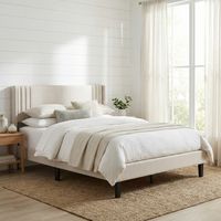 Letto per adulti 140x200 con rete a doghe silenziosa, letto matrimoniale con struttura letto in metallo e legno, tessuto in lino, design moderno scandinavo, Beige