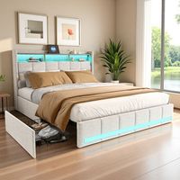 Doppelbett TANANT 160x200 cm - Kopfteil mit USB - 4 Schubladen - Integrierte LED - Beige Leinenstoff