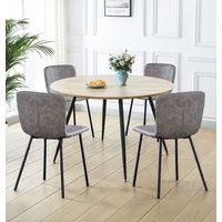 Hallowood Furniture Cullompton Round Dining Table and Chairs Set 4, Light Oak Effect Top Large Kitchen Table and 4 Dining Chairs in Taupe Faux Leather Upholstery, Modern Café or Home Furniture