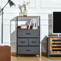 Commode chambre meuble de rangement 4 tiroirs en tissu pliables avec étagères ouvertes et cadre en métal. gris foncé